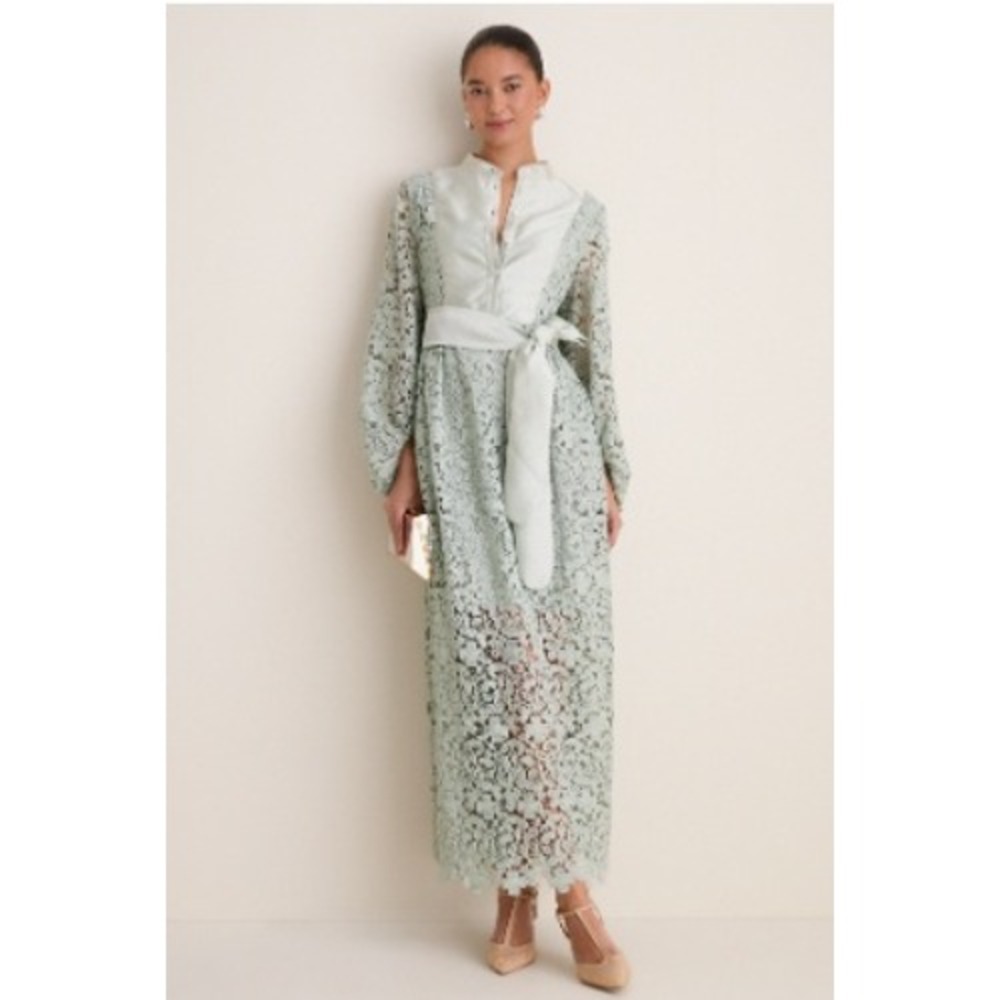 Tuckernuck Sage Lace Calliope Dress Medium Belted Maxi Long Sleeve Fall Wedding